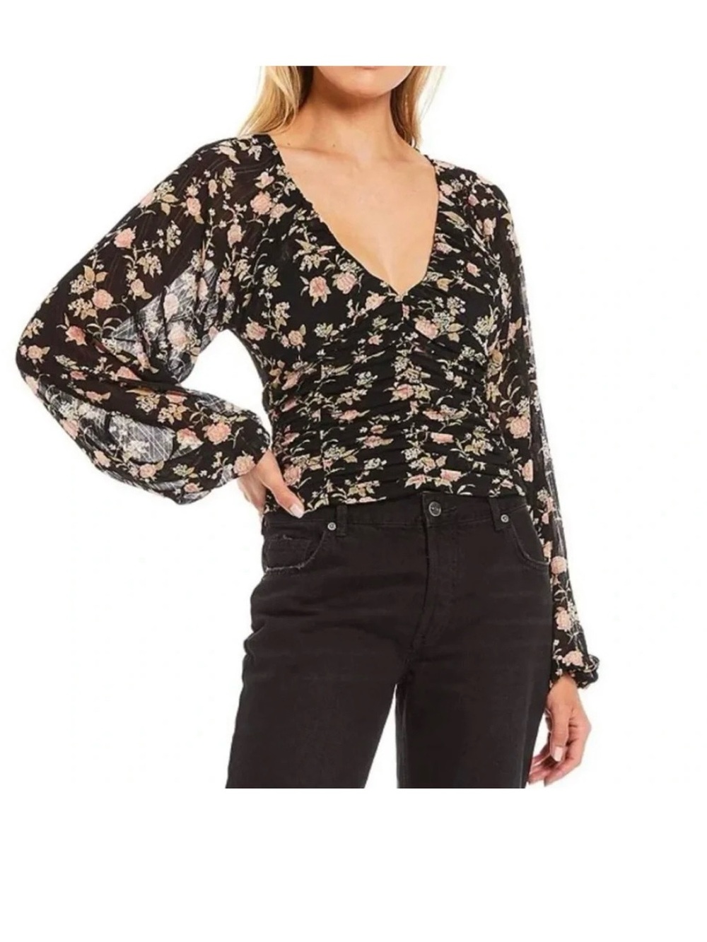 Free People Black Floral Burnout Ruched Crop Blouse Sheer Flowy Sleeve